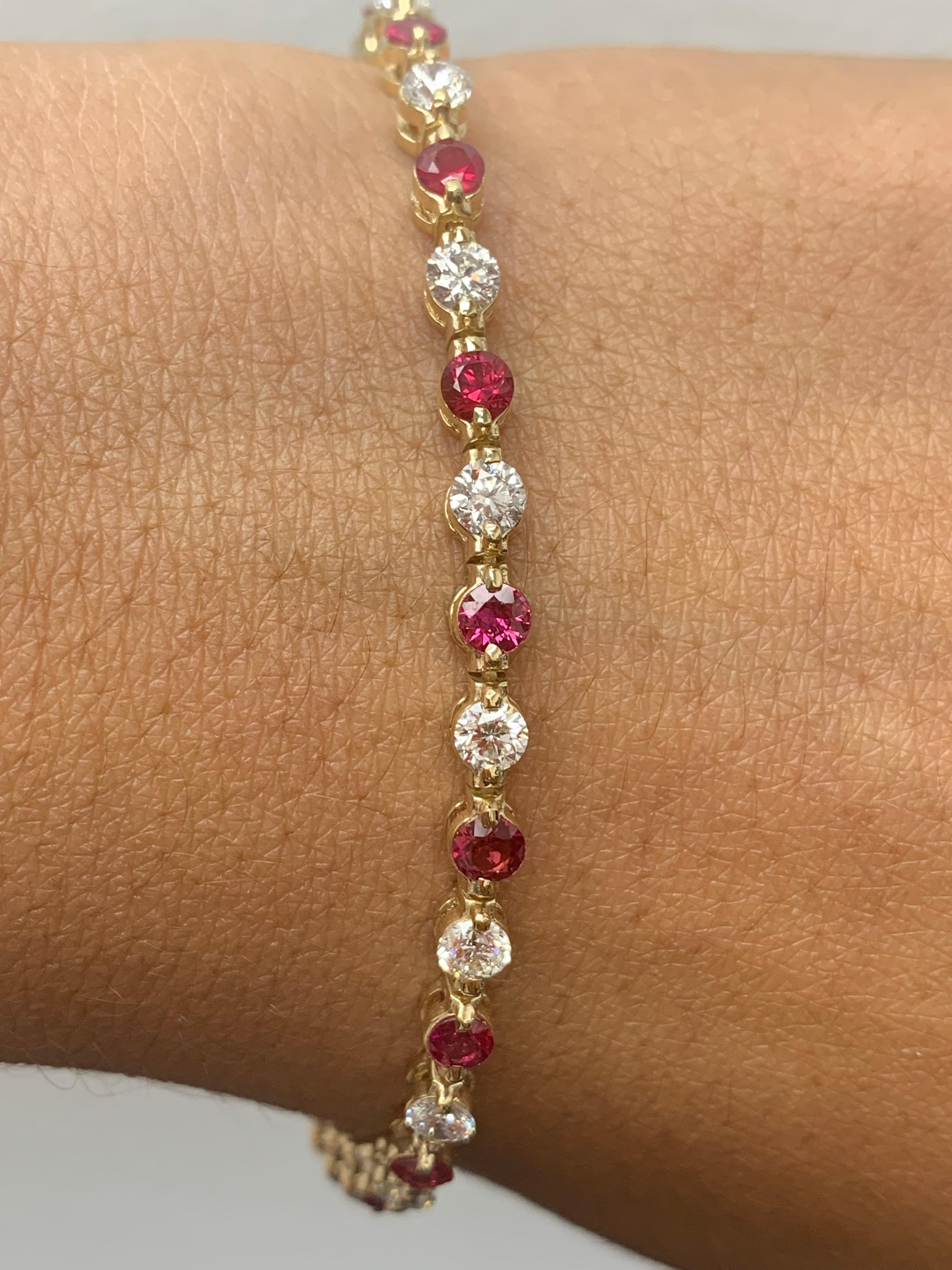 Modern 3.10 Carat Round Ruby and Diamond Bracelet in 14K Yellow Gold For Sale