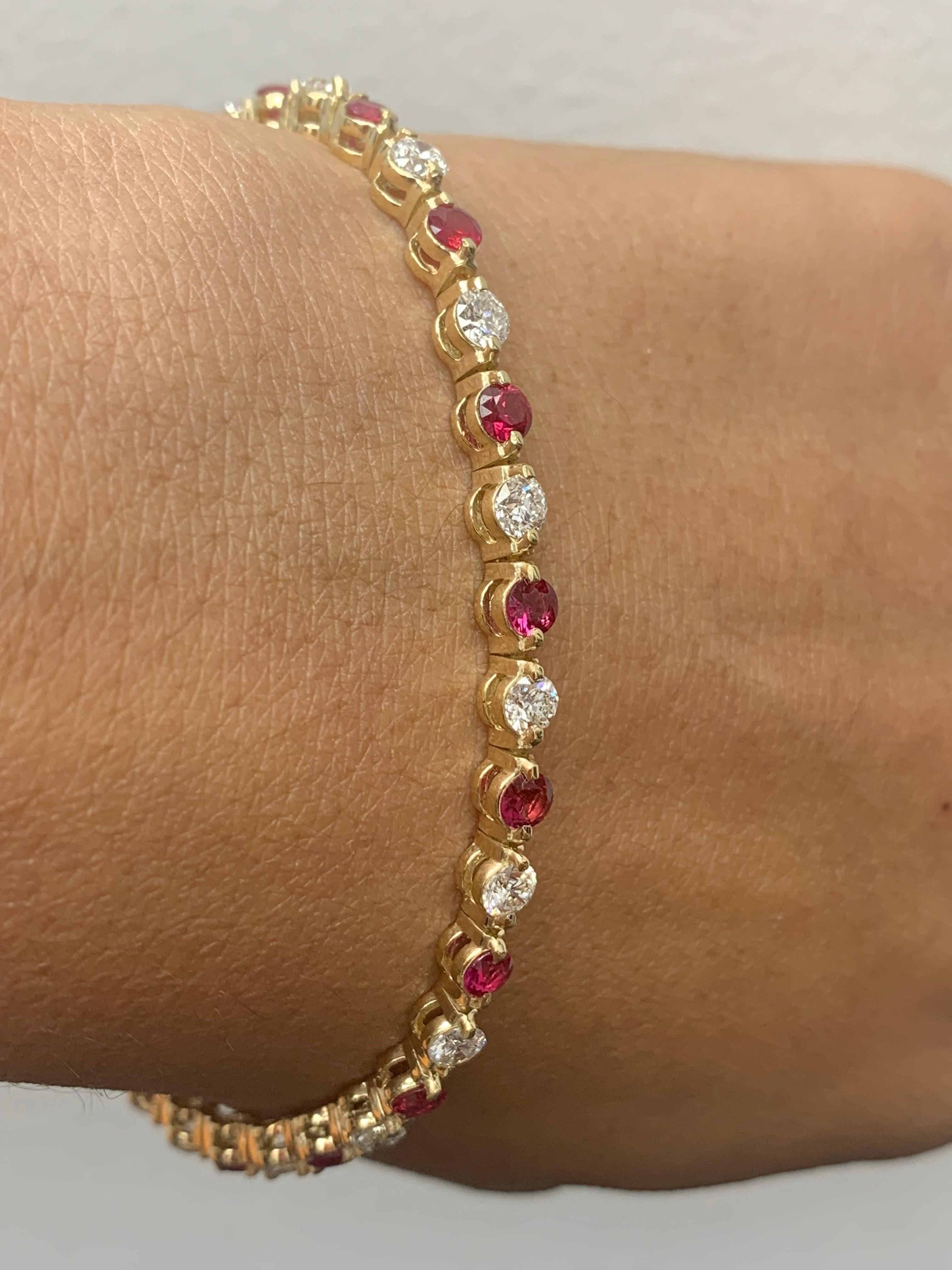 Round Cut 3.10 Carat Round Ruby and Diamond Bracelet in 14K Yellow Gold For Sale