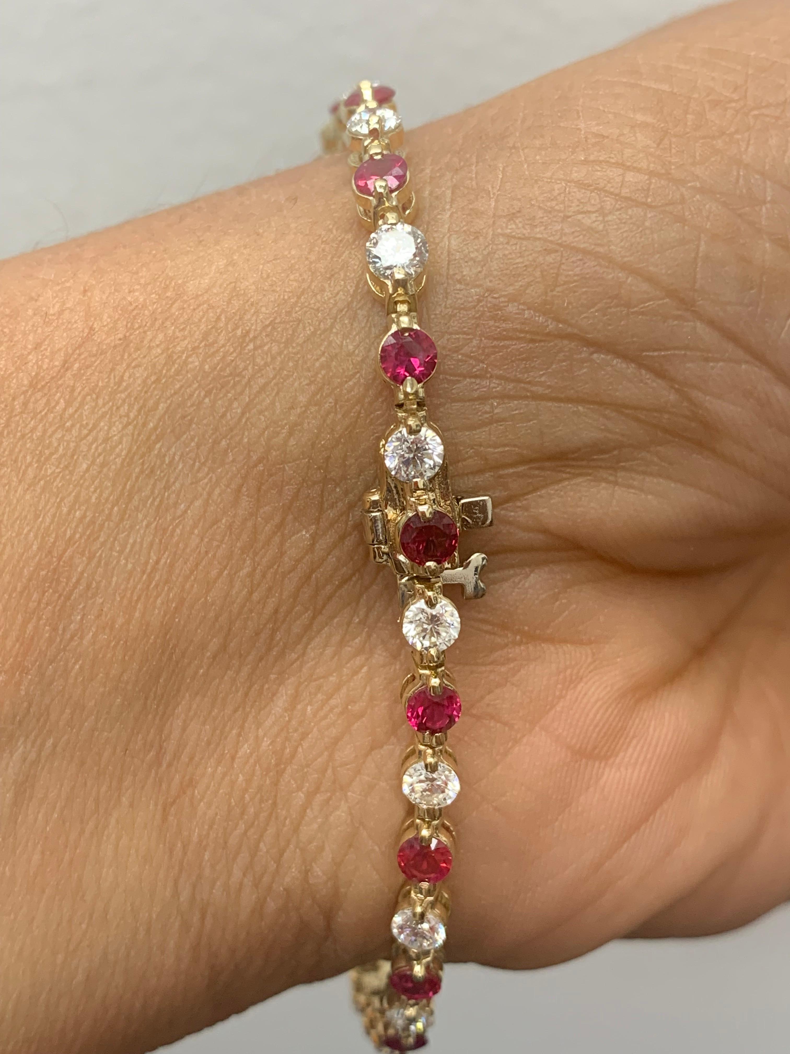 Women's or Men's 3.10 Carat Round Ruby and Diamond Bracelet in 14K Yellow Gold For Sale