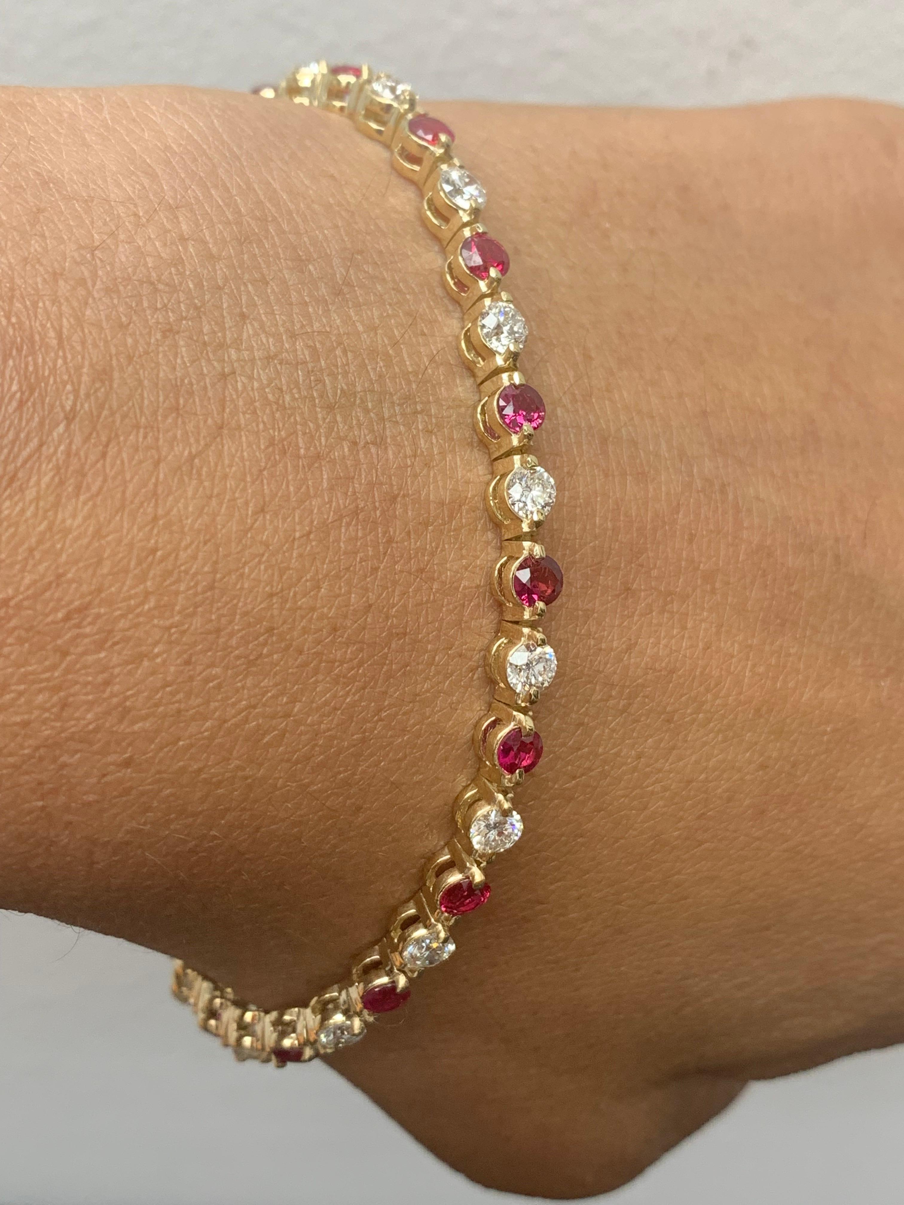 3.10 Carat Round Ruby and Diamond Bracelet in 14K Yellow Gold For Sale 1