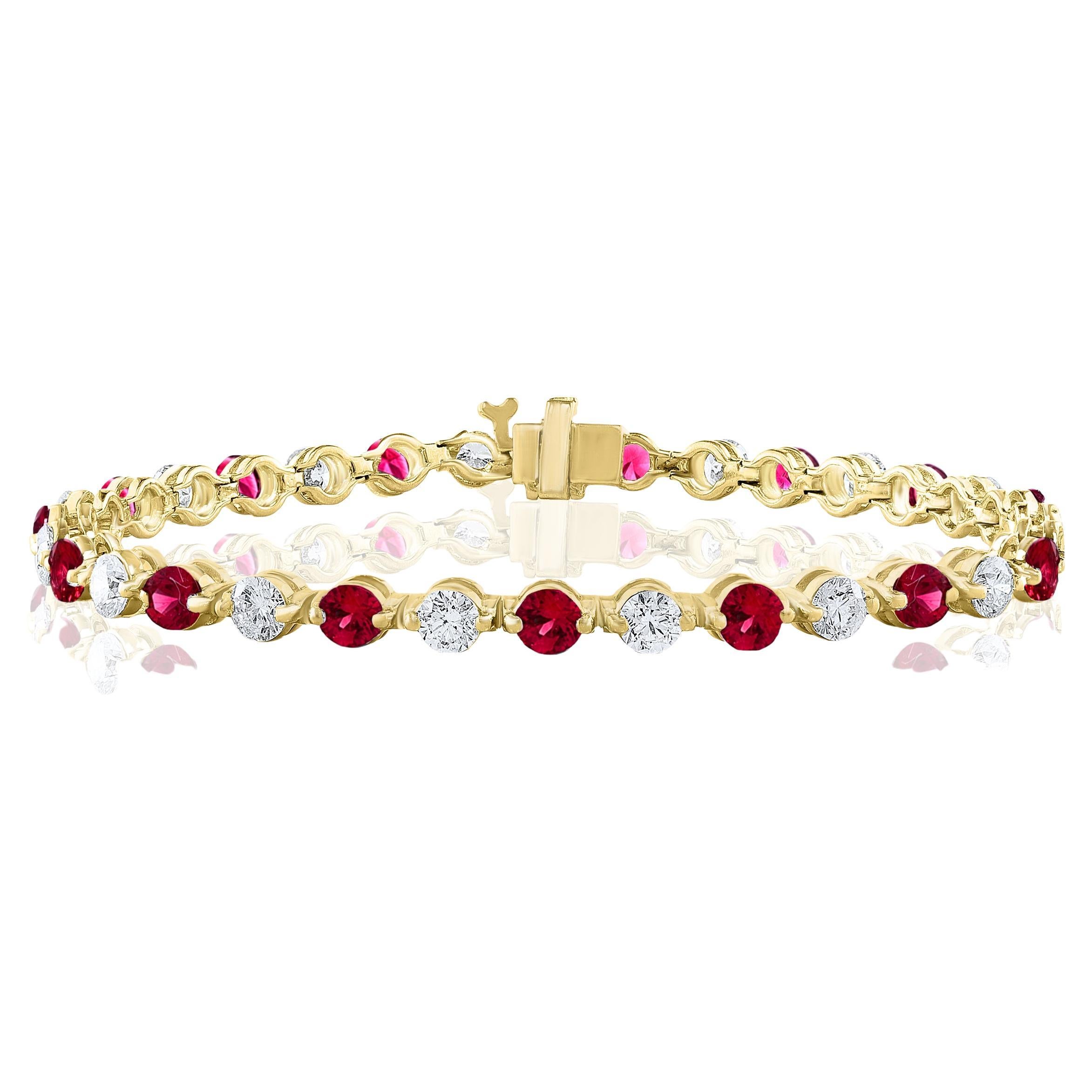 Bracelet en or jaune 14 carats avec diamants et rubis ronds de 3,10 carats
