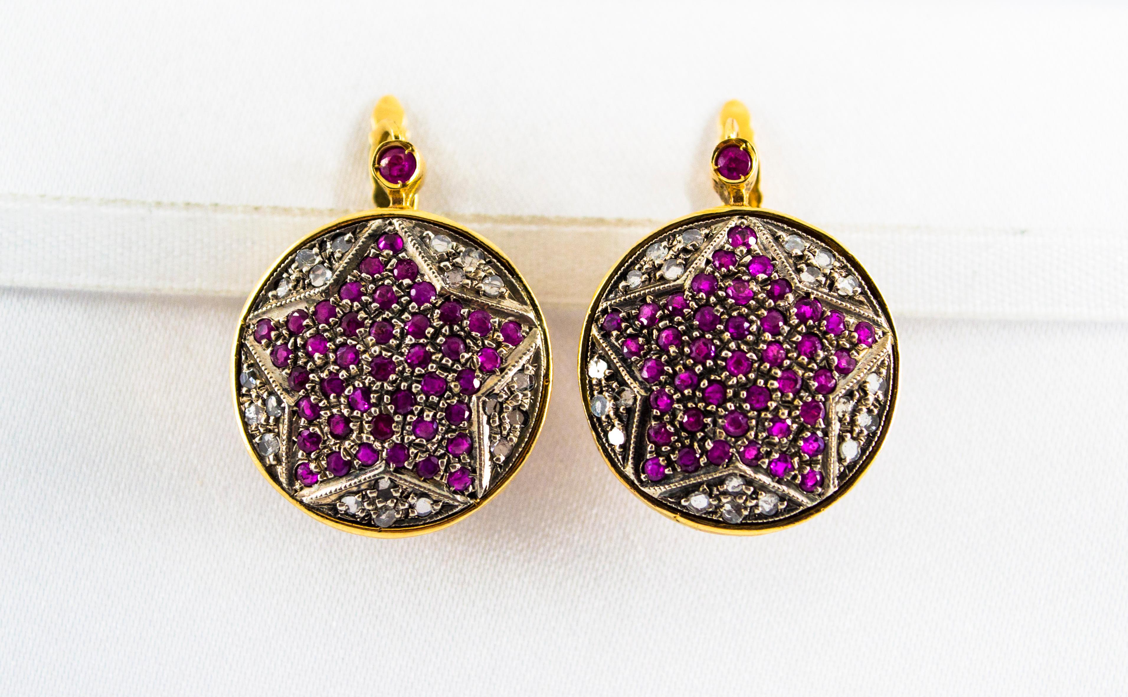 These Earrings are made of 9K Yellow Gold and Sterling Silver.
These Earrings have 0.60 Carats of White Diamonds.
These Earrings have 3.10 Carats of Rubies.
All our Earrings have pins for pierced ears but we can change the closure and make any of