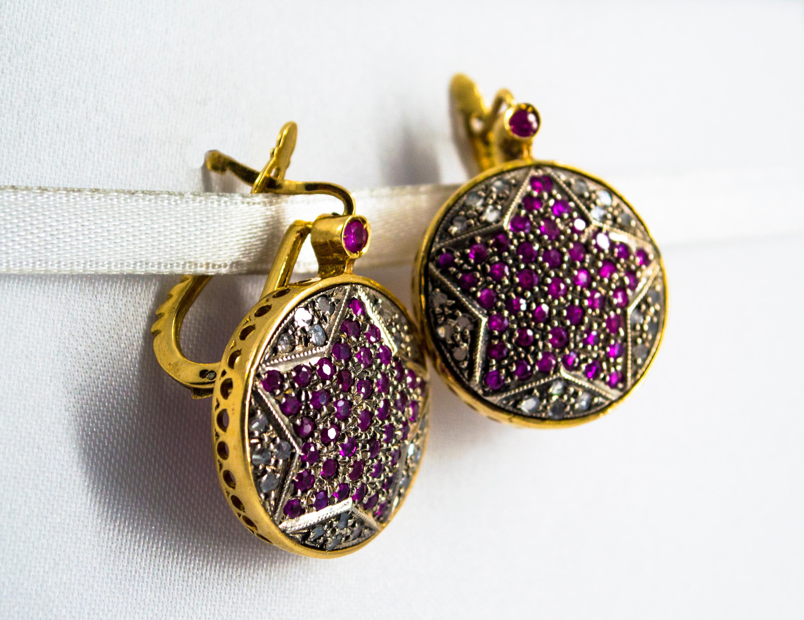 Women's or Men's 3.10 Carat Ruby 0.60 Carat White Diamond Yellow Gold Lever-Back Star Earrings