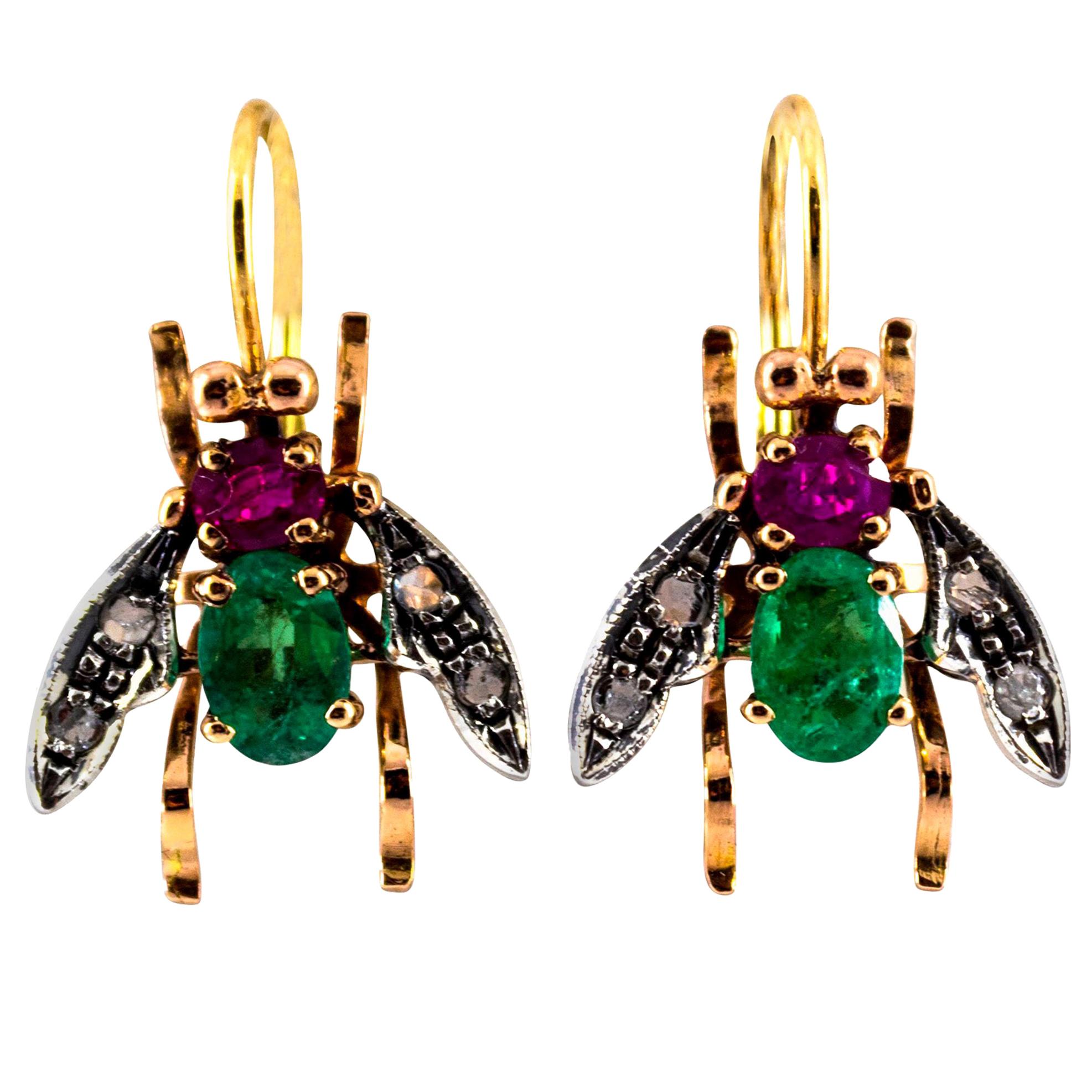 3.10 Carat Ruby Emerald White Rose Cut Diamond Yellow Gold Dangle Flies Earrings