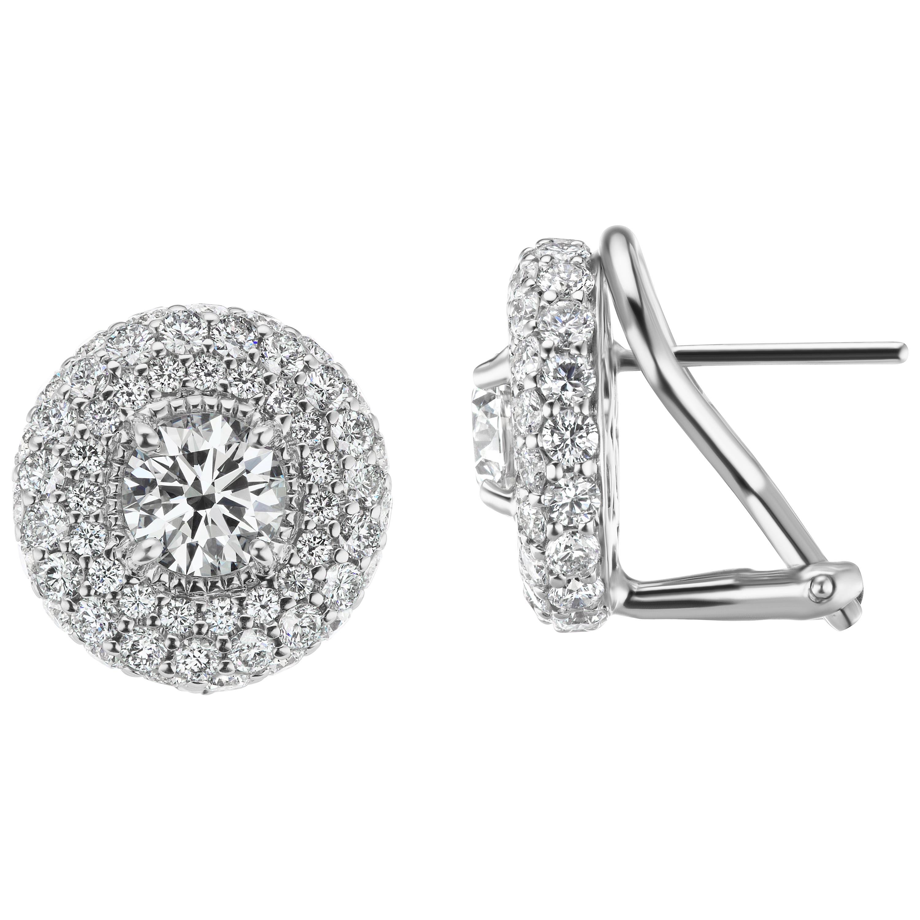3.10 Carat Total Weight Round Halo Diamond Earrings in 18 Karat White Gold For Sale