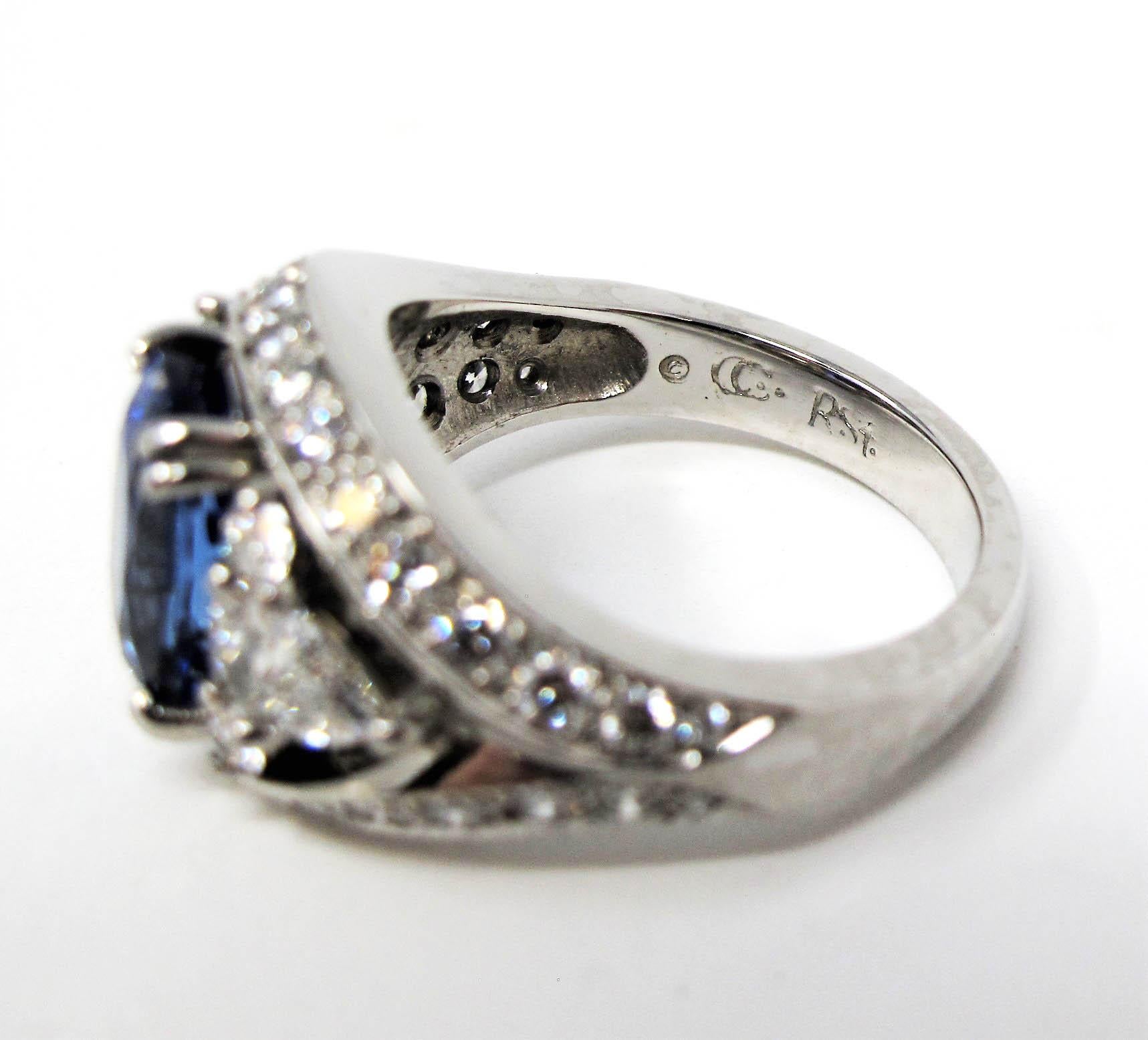 3.10 Carat Untreated Oval Mixed Cut Sapphire and Diamond Ring in Platinum For Sale 4