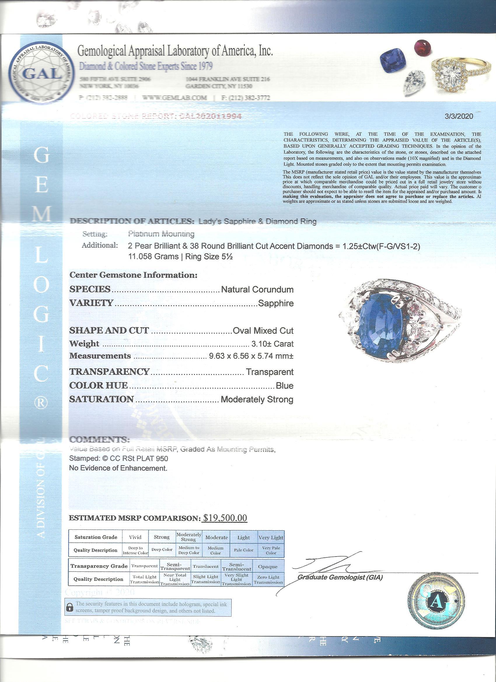 3.10 Carat Untreated Oval Mixed Cut Sapphire and Diamond Ring in Platinum For Sale 5