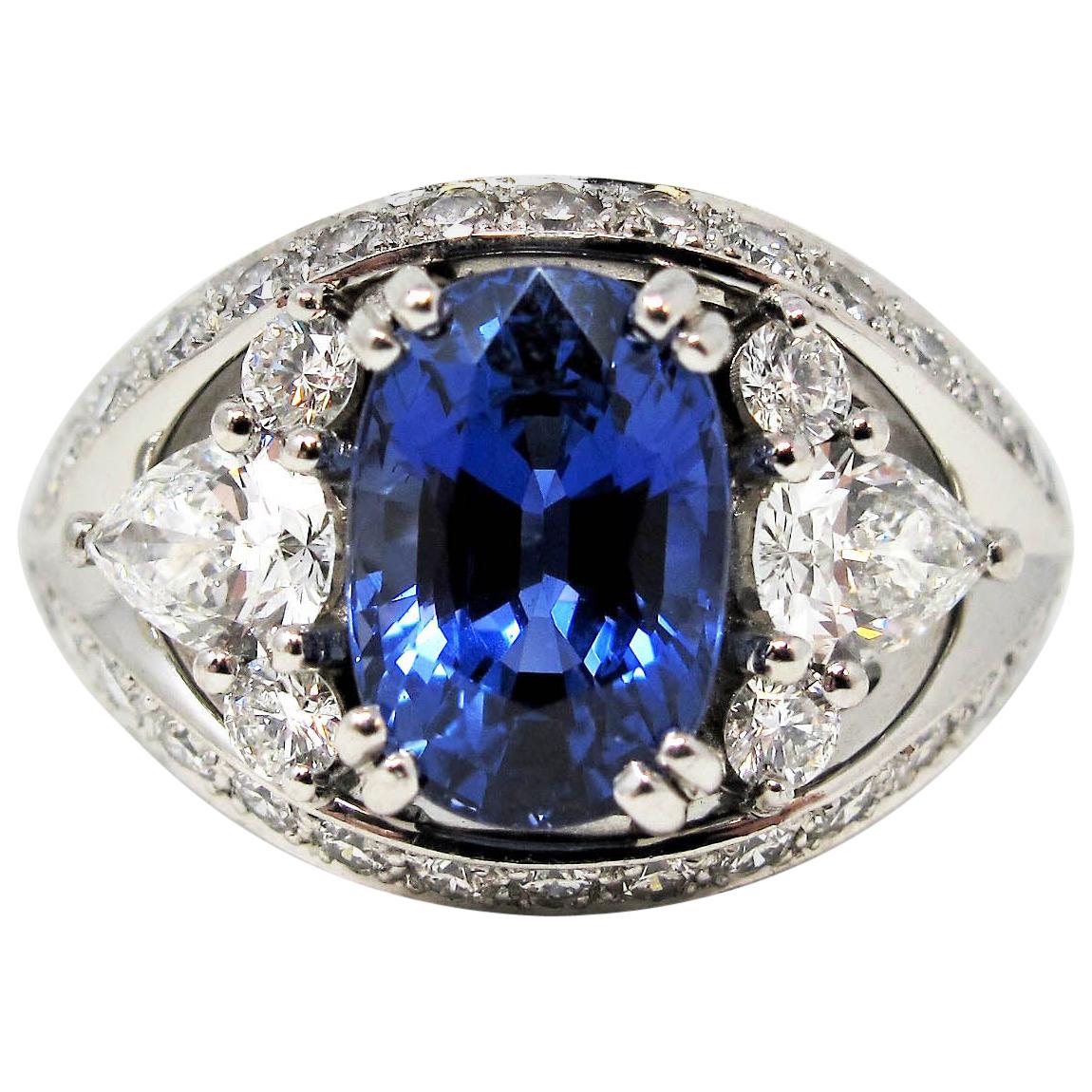 3.10 Carat Untreated Oval Mixed Cut Sapphire and Diamond Ring in Platinum For Sale