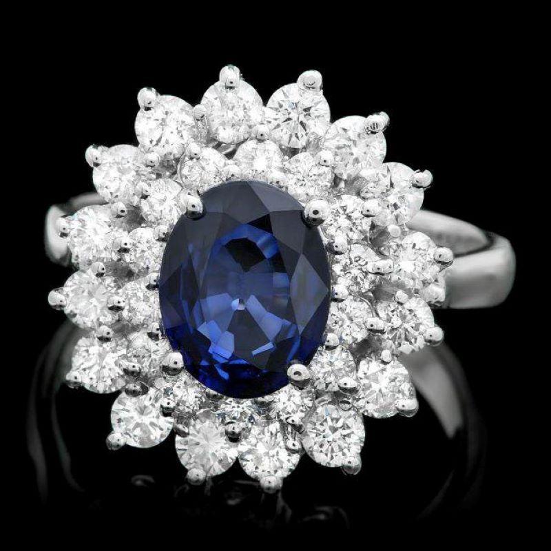 Mixed Cut 3.10 Carats Natural Blue Sapphire and Diamond 14K Solid White Gold Ring For Sale