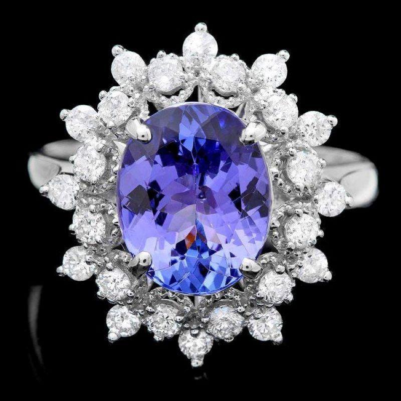 Mixed Cut 3.10 Carats Natural Tanzanite and Diamond 14K Solid White Gold Ring For Sale
