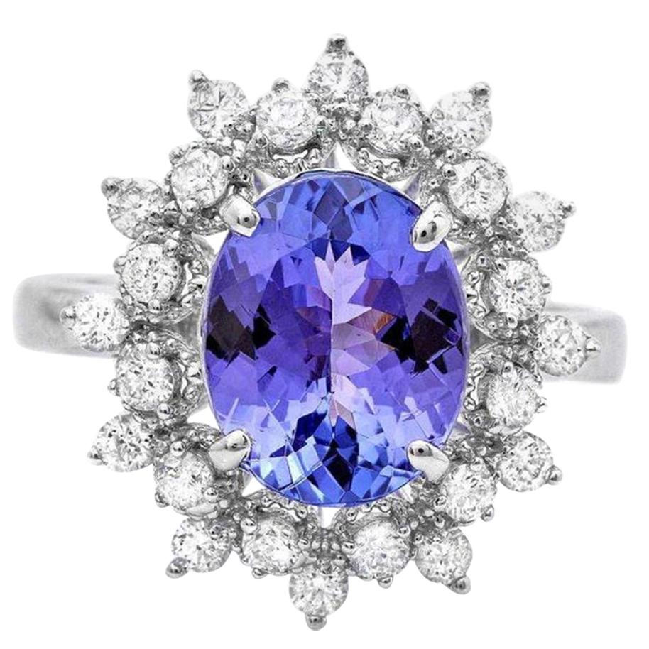 3.10 Carats Natural Tanzanite and Diamond 14K Solid White Gold Ring For Sale