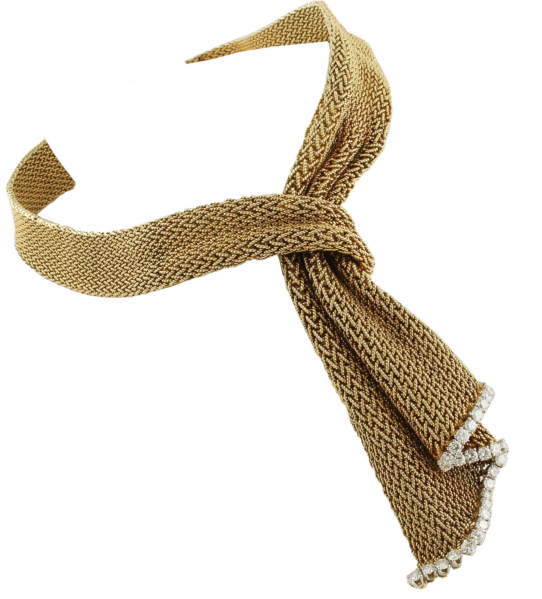 French Diamond Gold Mesh Scarf Necklace In Excellent Condition In Marcianise, Marcianise (CE)