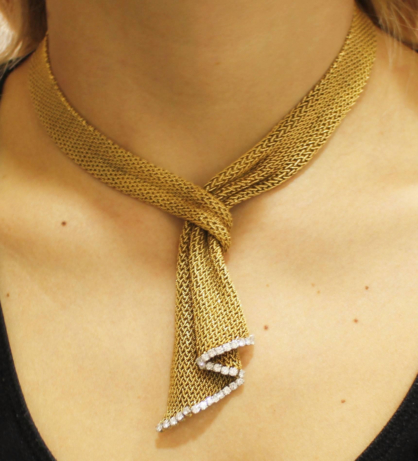 French Diamond Gold Mesh Scarf Necklace 4