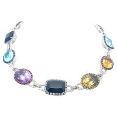 3.10 Ct Diamonds 18K White Gold Collar Necklace Quartz Blue Topaz Amethyst