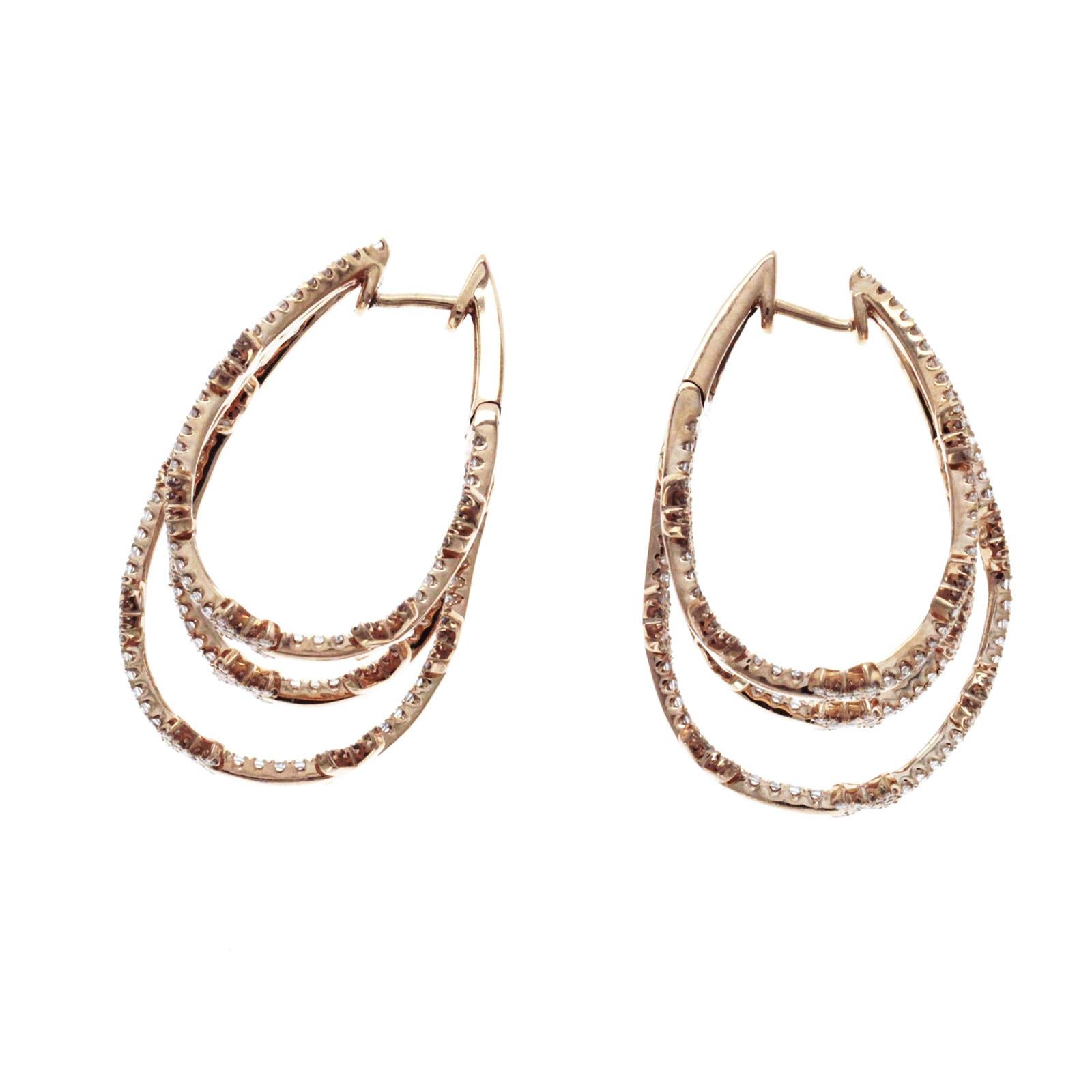 Round Cut 3.10 ct Diamonds in 14k Rose Gold Snowflake Hoop Earrings For Sale