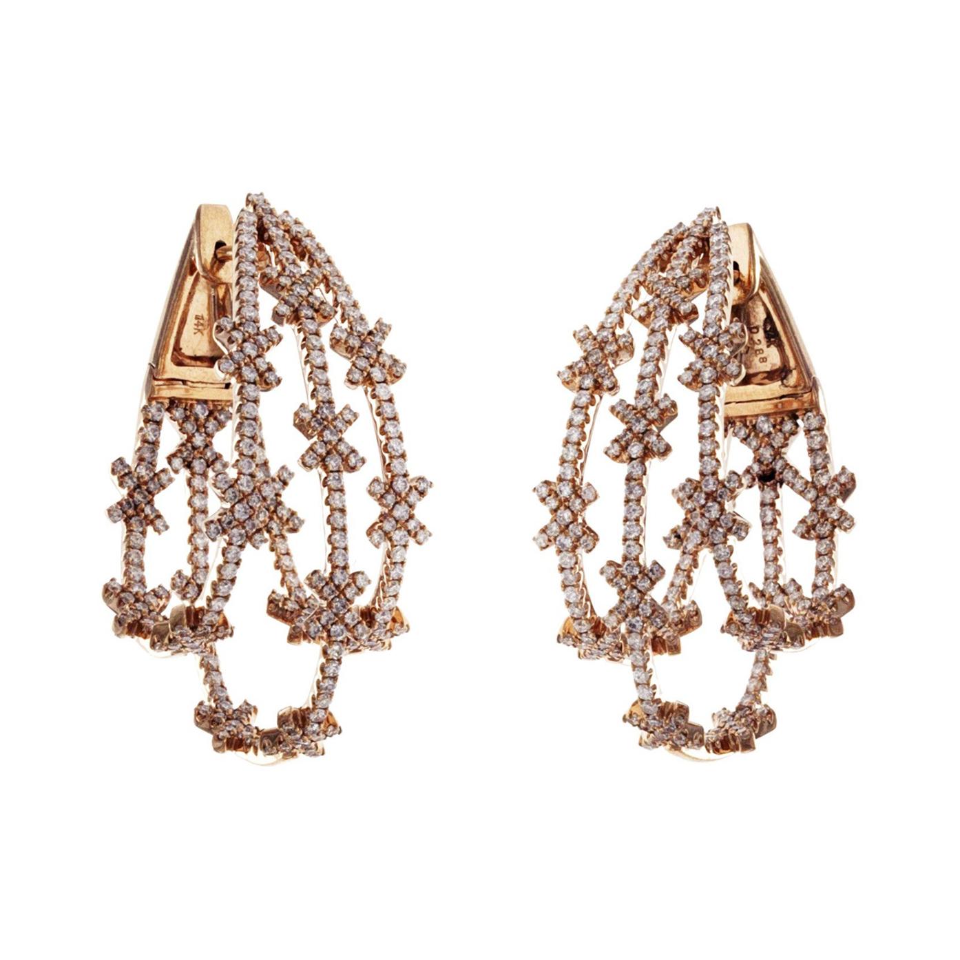 3.10 ct Diamonds in 14k Rose Gold Snowflake Hoop Earrings For Sale