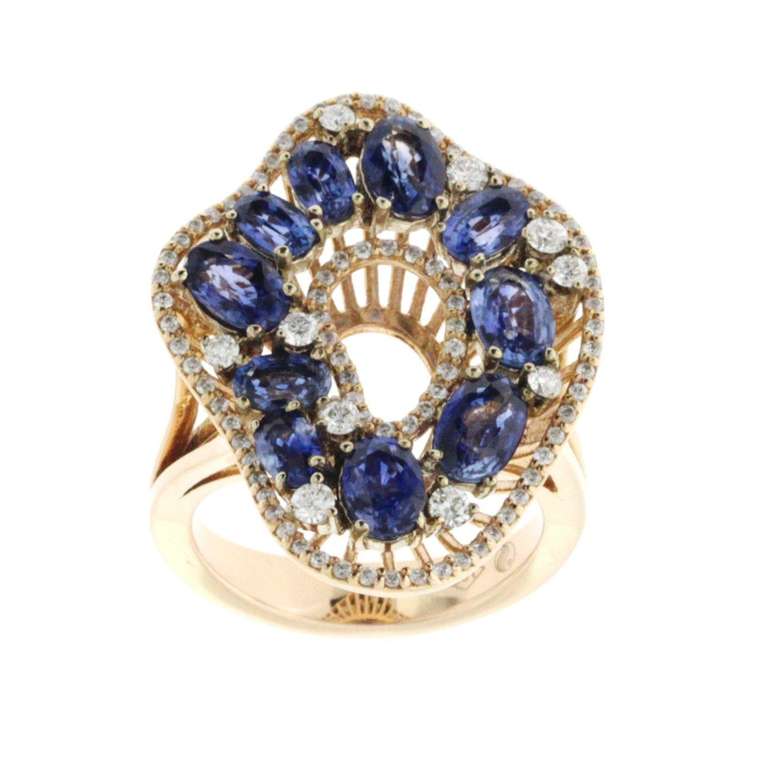 Top: 28.5 mm
Band Width: 4 mm
Metal: 18K Rose Gold 
Size: 6-8 ( Please message Us for your Size )
Hallmarks: 750
Total Weight: 11.4 Grams
Stone Type: 3.10 CT Natural African Sapphires & 0.61 G SI1 CT Diamonds
Condition: New
Estimated Retail Price: