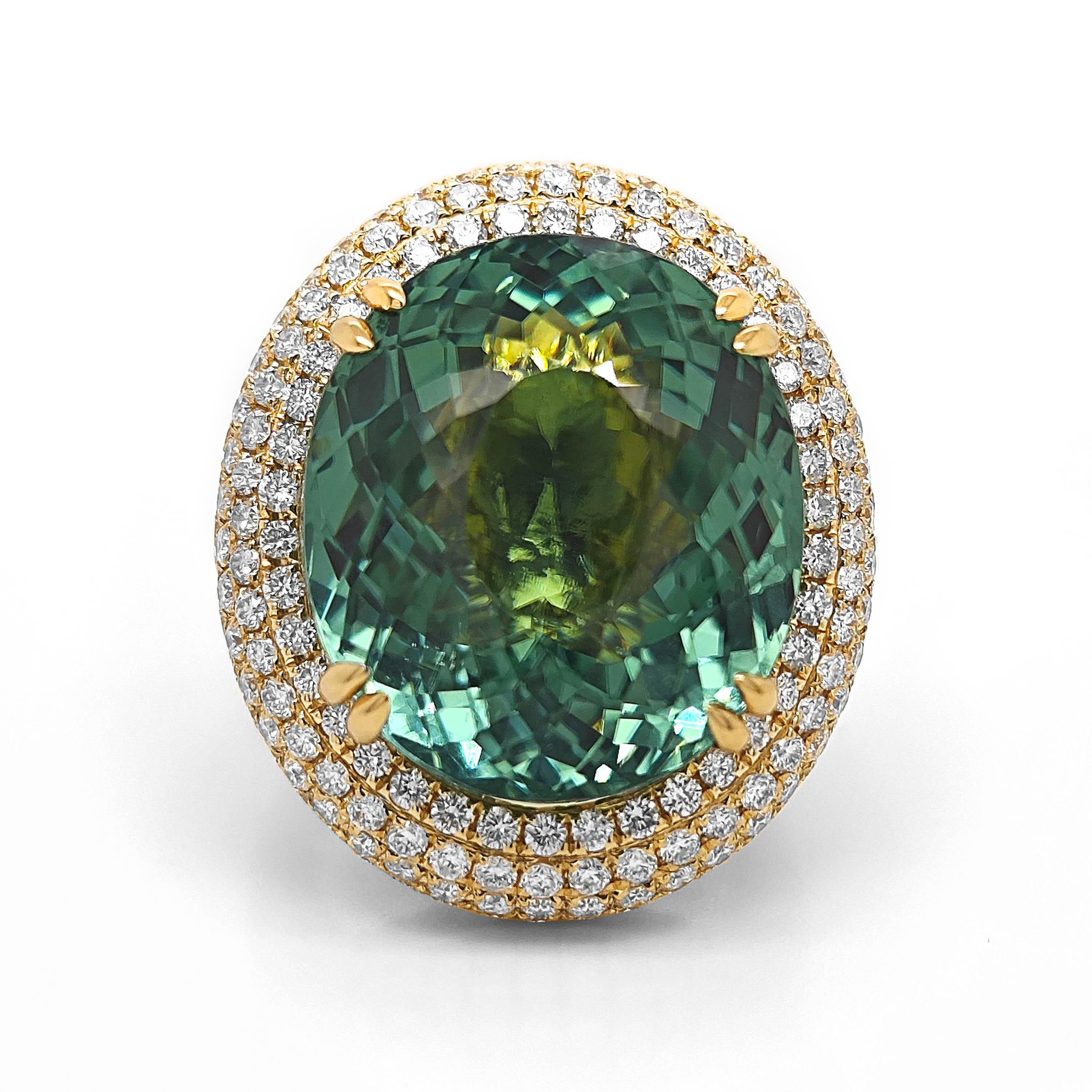 1 Paraiba Tourmaline Gemstone: 28.16 Carats
224 White Round Diamonds: 2.89 Carats
Metal: 18K Yellow Gold, 13.70 Grams

