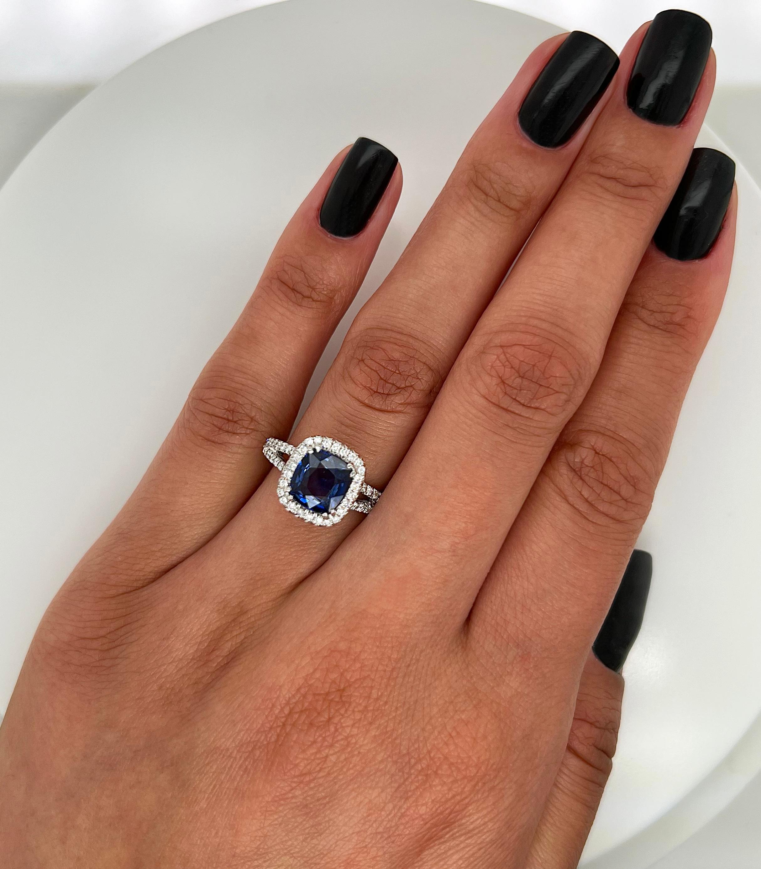 3.10 Total Carat Sapphire and Diamond Halo Pave-Set Ladies Ring In New Condition For Sale In New York, NY
