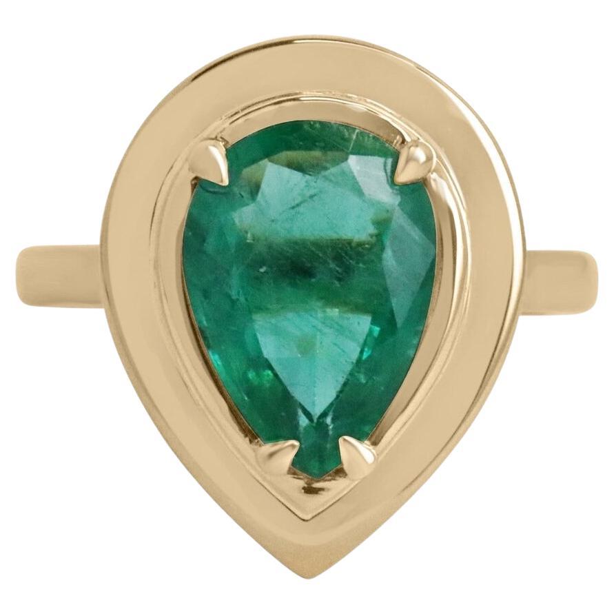 3.10ct 18K Natural Pear Cut Emerald Prong Set Vintage Half Bezel Statement Ring For Sale