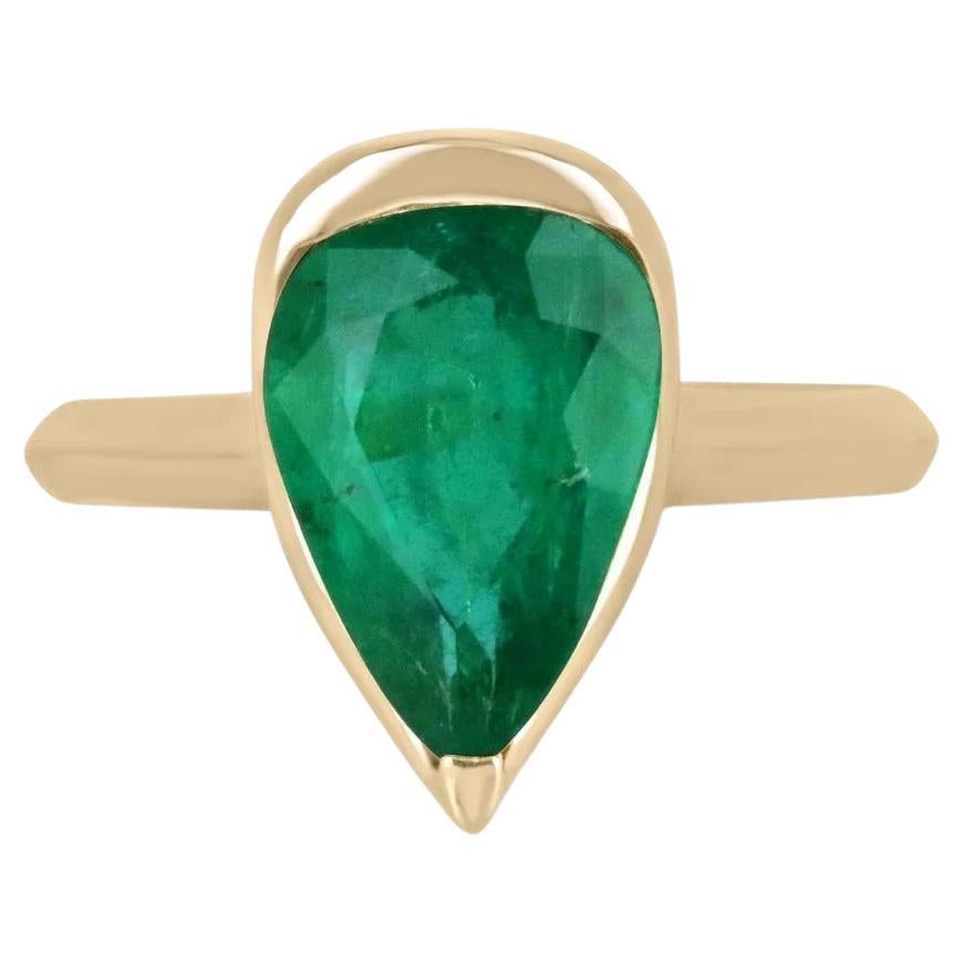 3.10ct 18K Rich Dark Green Colombian Emerald Pear Cut Solitaire Half Bezel Ring