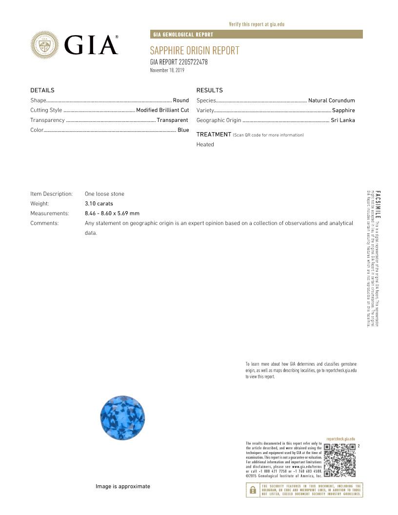 3.10ct Ceylon Sapphire, Round, Cornflower Blue and Diamond Ring, GIA Certified For Sale 2