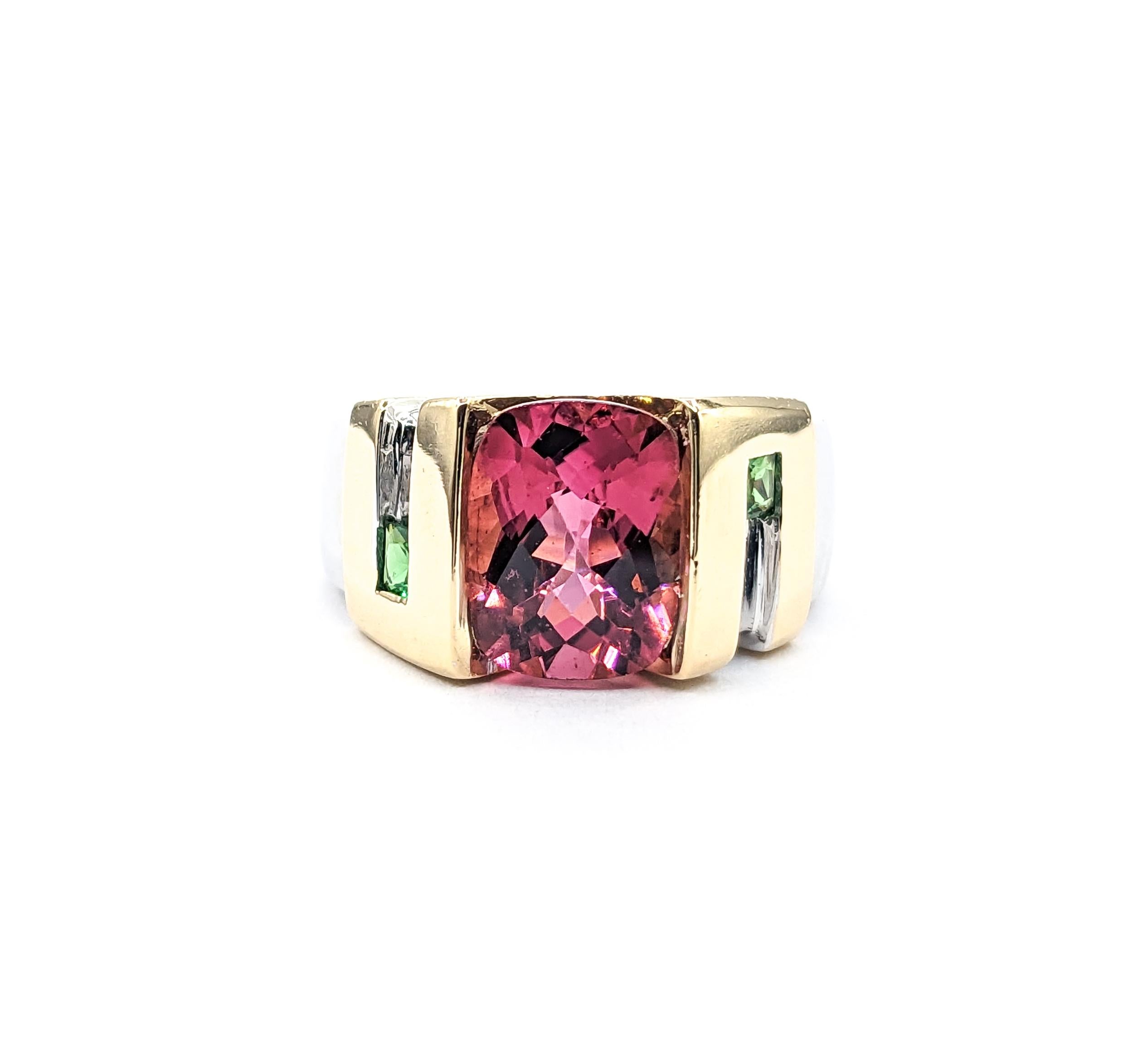 3.10ct cushion Pink Tourmaline & .18ctw Tsavorite Garnets Ring In Two-Tone Gold For Sale 4