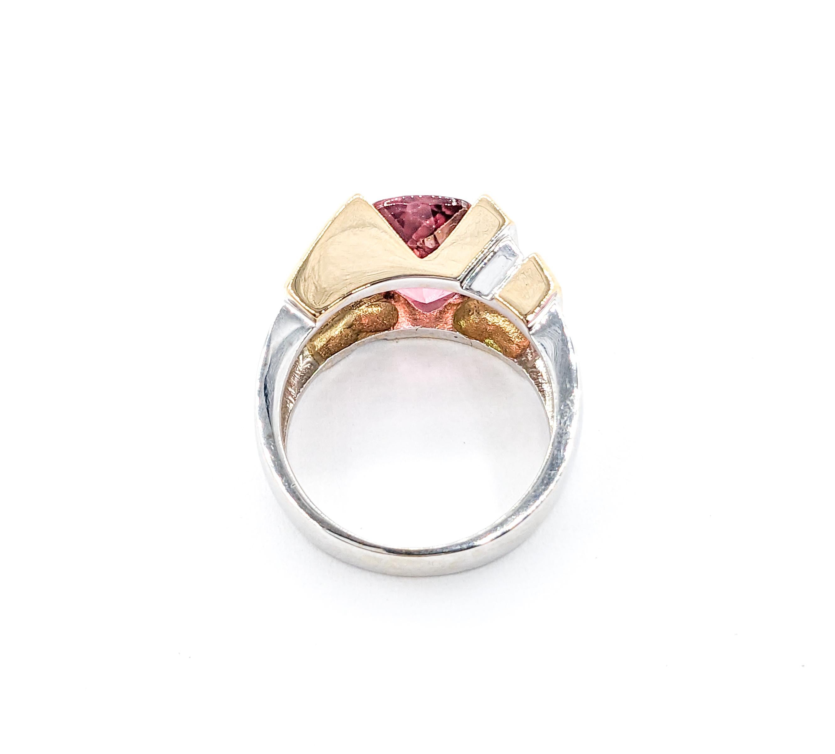 Women's 3.10ct cushion Pink Tourmaline & .18ctw Tsavorite Garnets Ring In Two-Tone Gold For Sale
