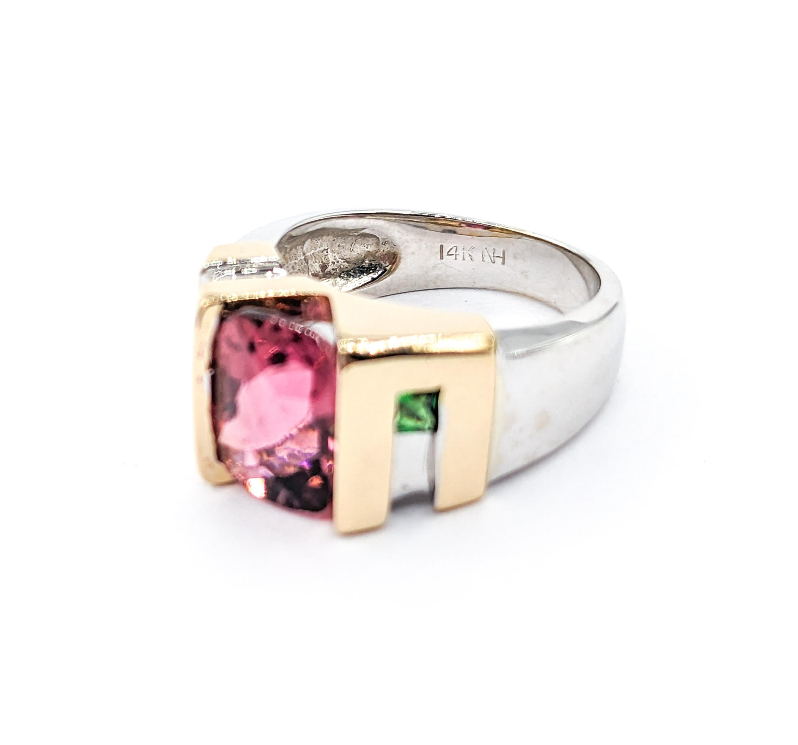 3.10ct cushion Pink Tourmaline & .18ctw Tsavorite Garnets Ring In Two-Tone Gold For Sale 1