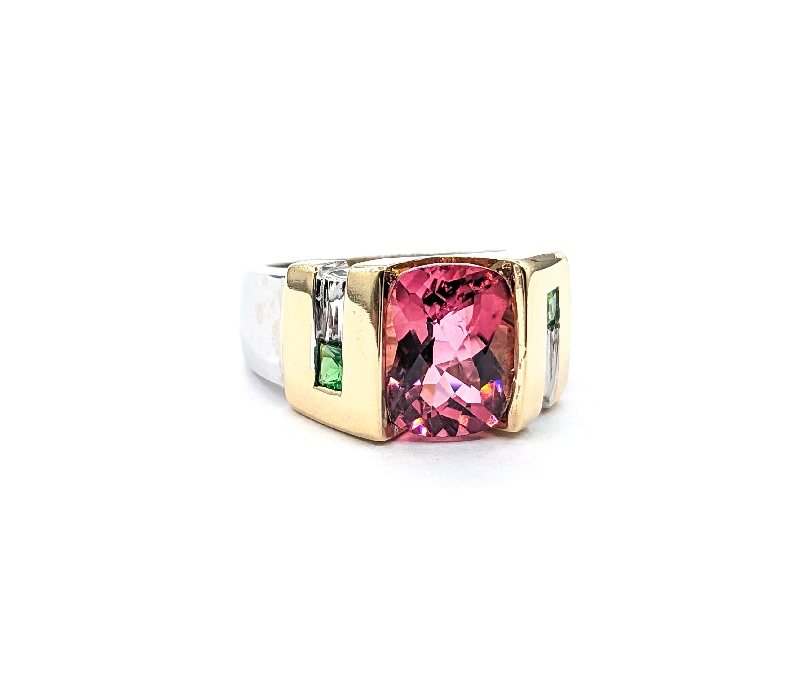 3.10ct cushion Pink Tourmaline & .18ctw Tsavorite Garnets Ring In Two-Tone Gold For Sale 3