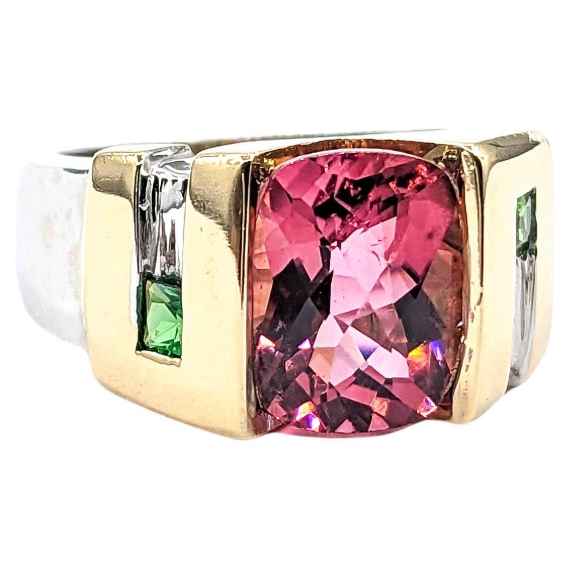 3.10ct cushion Pink Tourmaline & .18ctw Tsavorite Garnets Ring In Two-Tone Gold For Sale