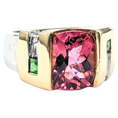 Retro 3.10ct cushion Pink Tourmaline & .18ctw Tsavorite Garnets Ring In Two-Tone Gold