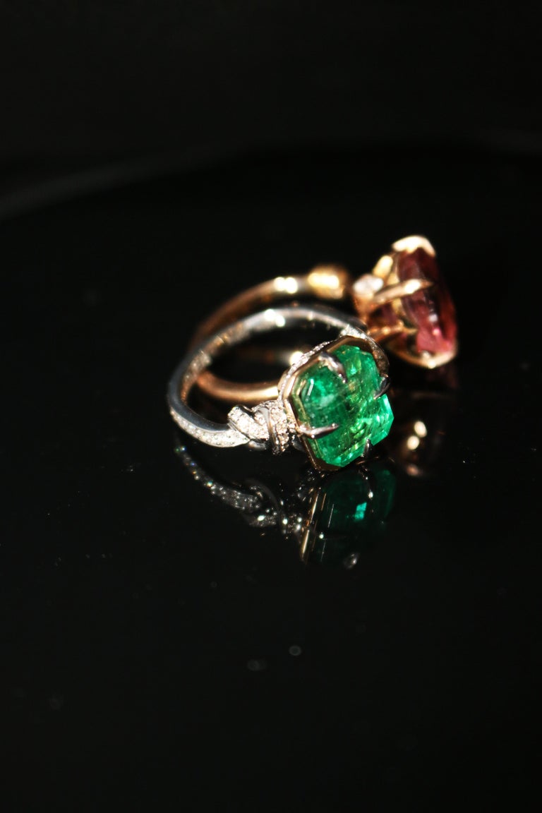 Artist 3ct Natural Emerald in Forget Me Knot Style Ring Platinum and 22ct Gold For Sale