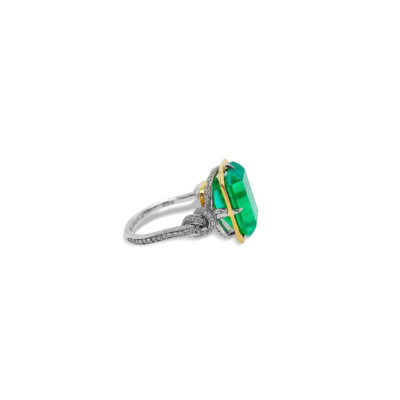 Emerald Cut 3ct Natural Emerald in Forget Me Knot Style Ring Platinum and 22ct Gold For Sale