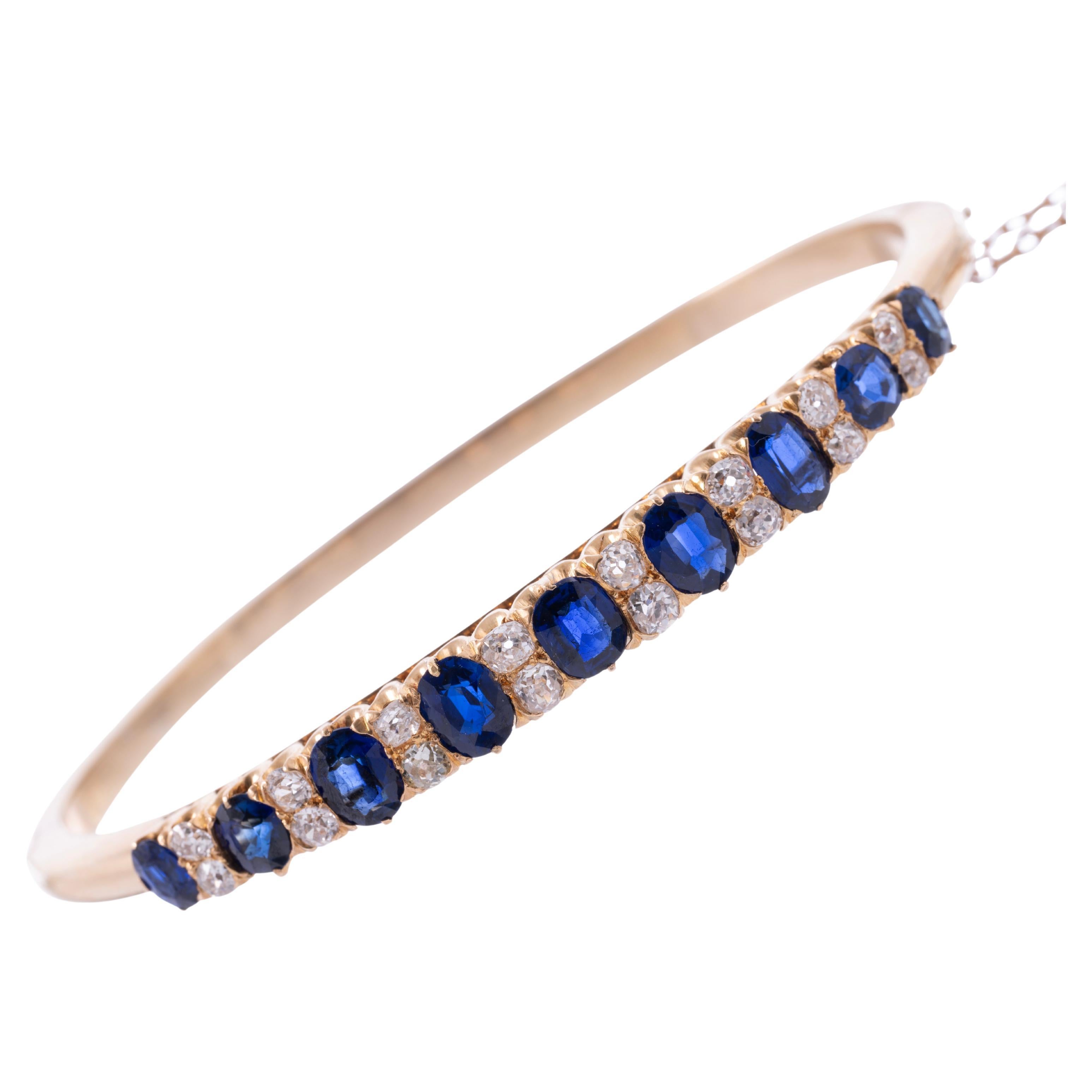 3.10cttw Blue Sapphire 1.95cttw Diamond Old Mine Cut 15ct English C/1890 For Sale