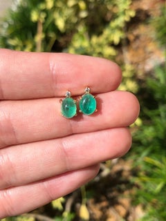 3.10tcw 14K Gold Cabochon Emerald & Diamond Stud Earrings May Birthstone Emerald
