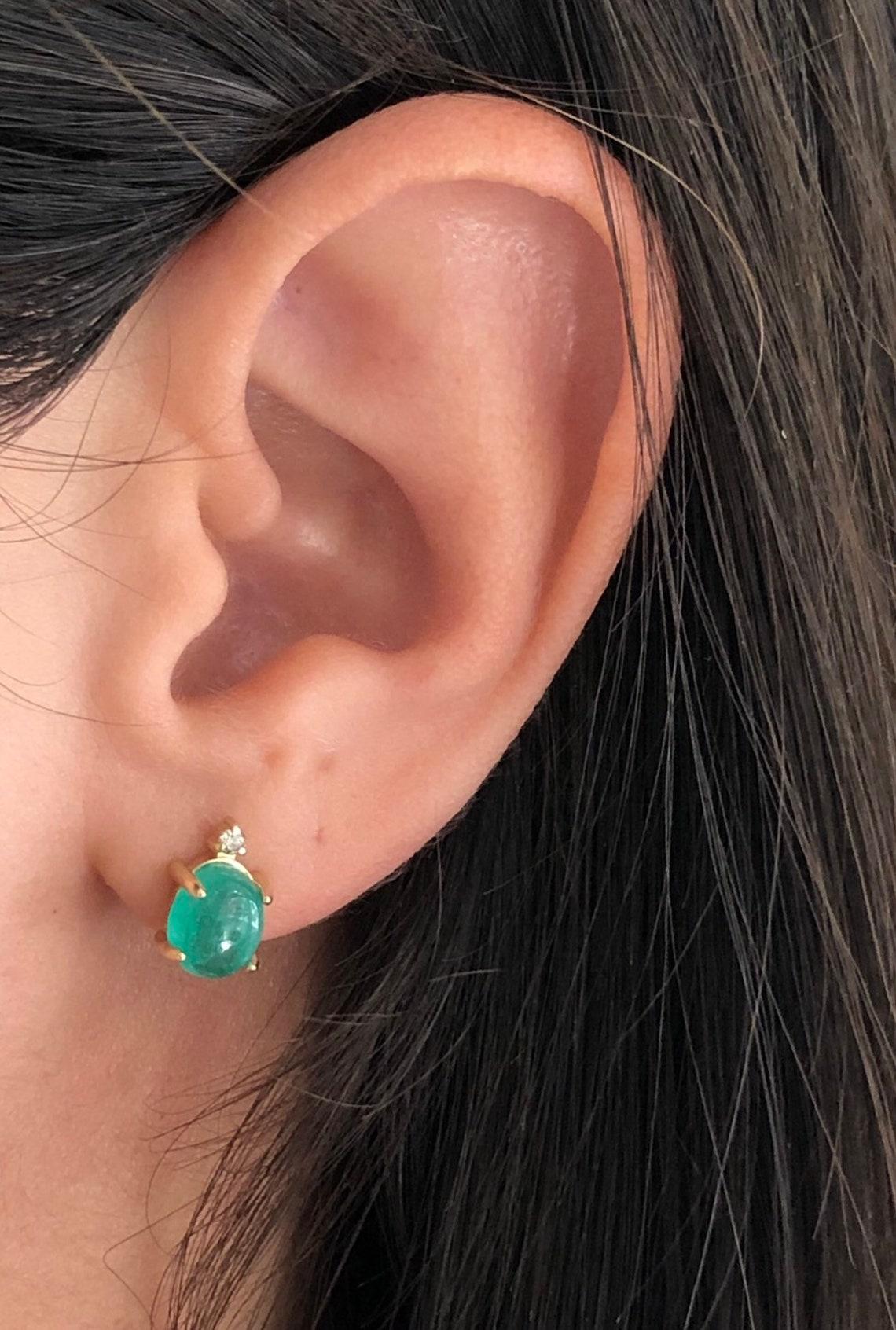 Modern 3.10tcw 14K Gold Cabochon Emerald & Diamond Stud Earrings May Birthstone Emerald For Sale