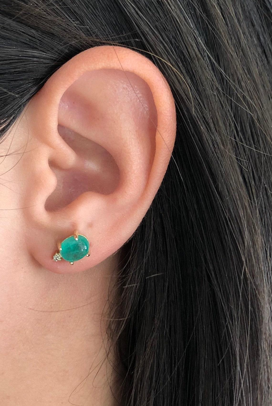 Emerald Cut 3.10tcw 14K Gold Cabochon Emerald & Diamond Stud Earrings May Birthstone Emerald For Sale