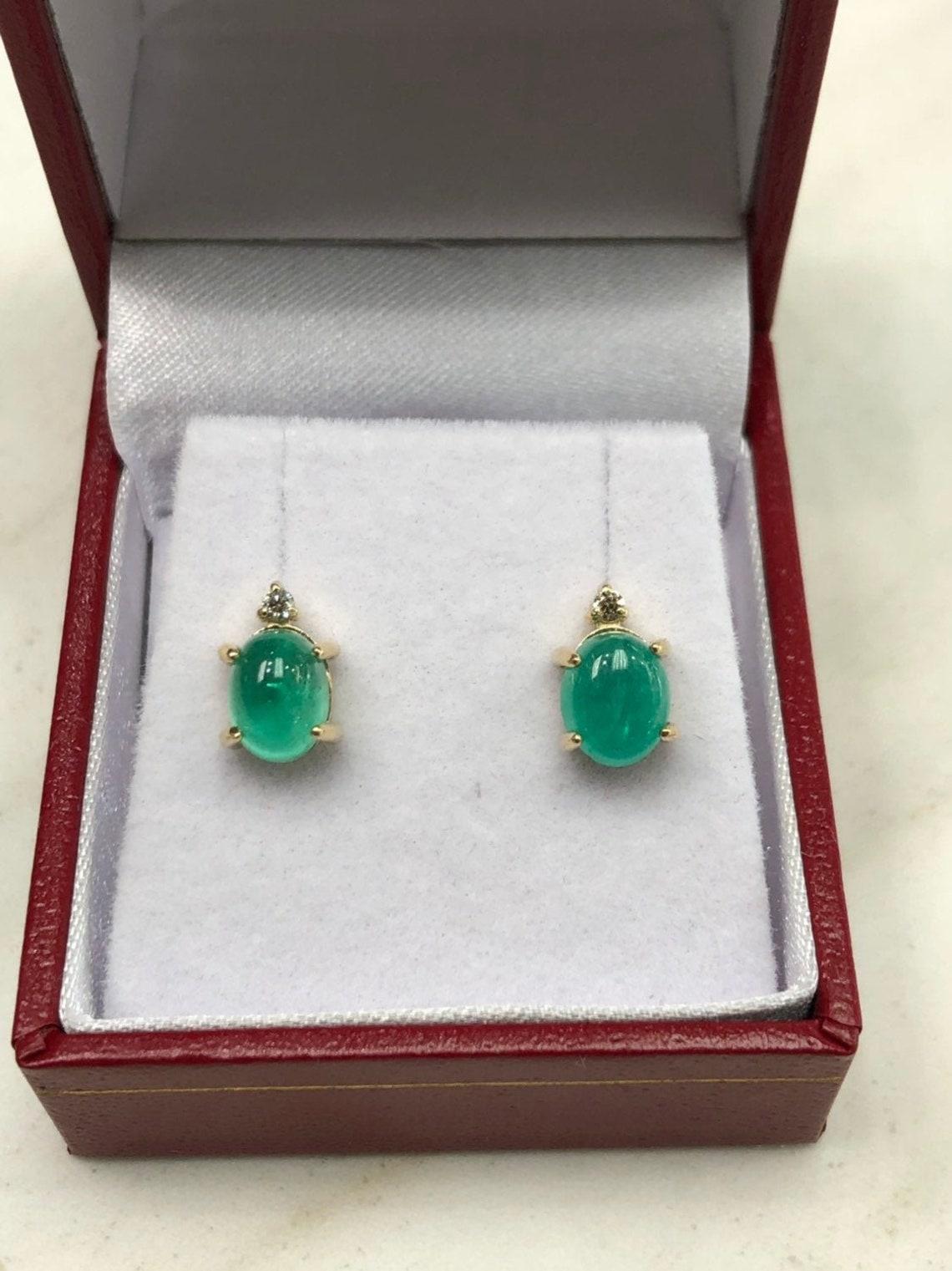 Women's 3.10tcw 14K Gold Cabochon Emerald & Diamond Stud Earrings May Birthstone Emerald For Sale