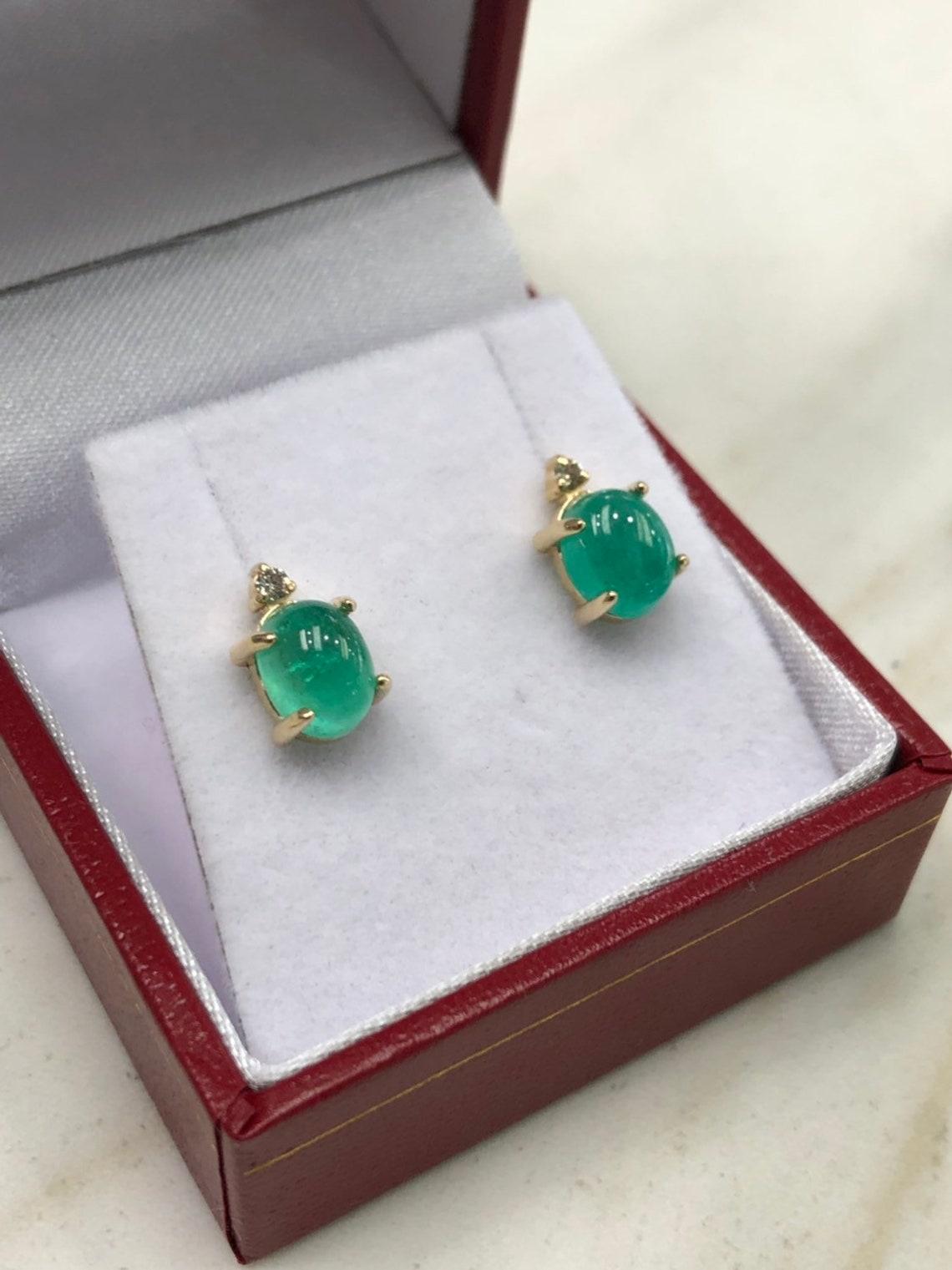 3.10tcw 14K Gold Cabochon Emerald & Diamond Stud Earrings May Birthstone Emerald For Sale 1