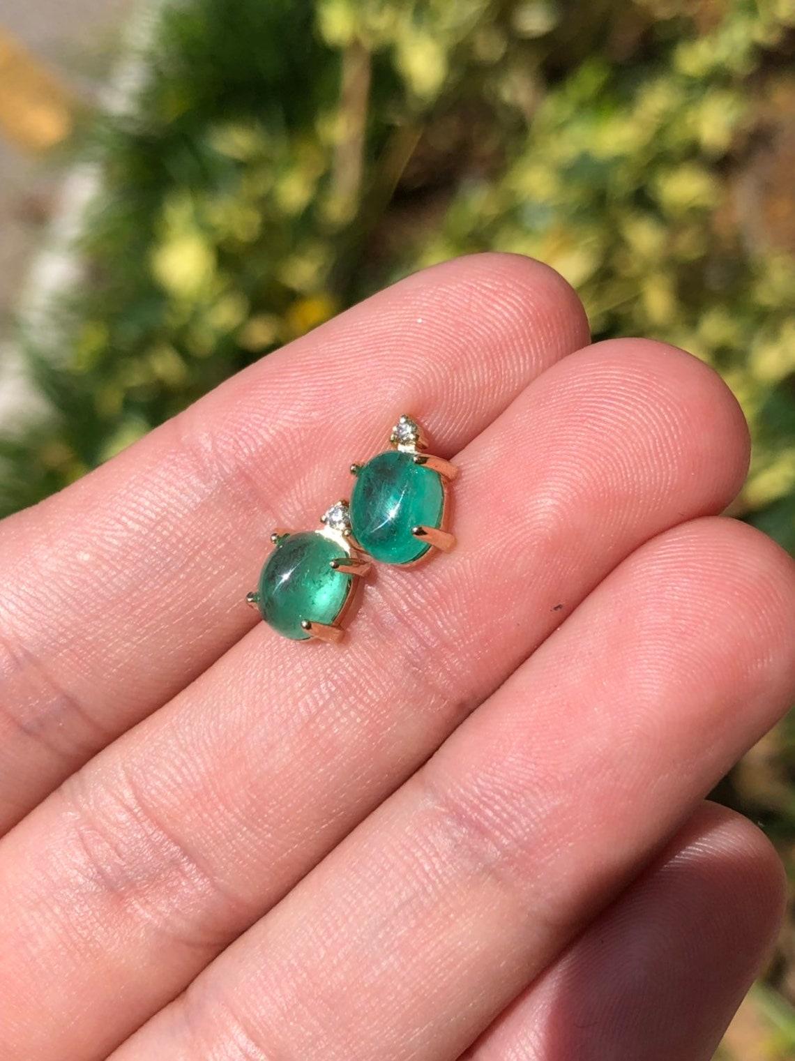 3.10tcw 14K Gold Cabochon Emerald & Diamond Stud Earrings May Birthstone Emerald For Sale 2