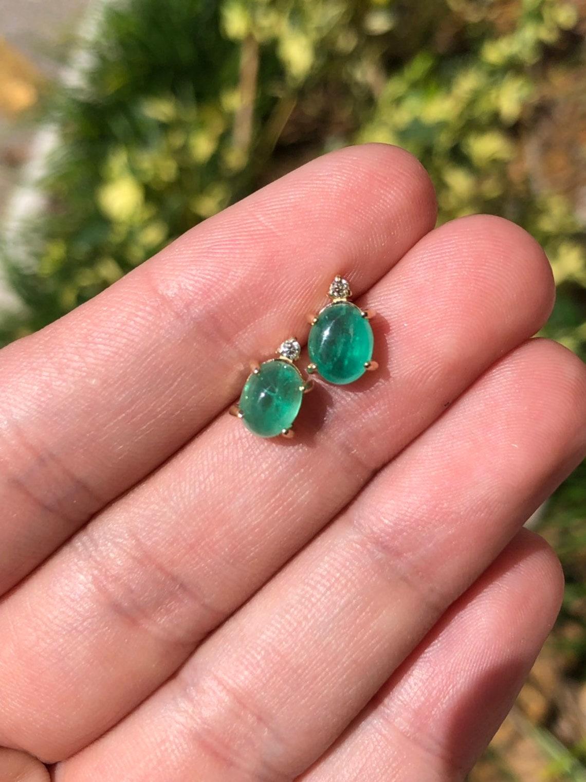 3.10tcw 14K Gold Cabochon Emerald & Diamond Stud Earrings May Birthstone Emerald For Sale 3