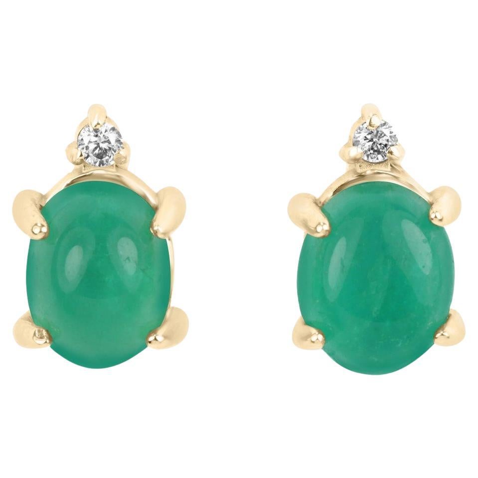 3.10tcw 14K Gold Cabochon Emerald & Diamond Stud Earrings May Birthstone Emerald