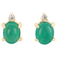 3.10tcw 14K Gold Cabochon Emerald & Diamond Stud Earrings May Birthstone Emerald