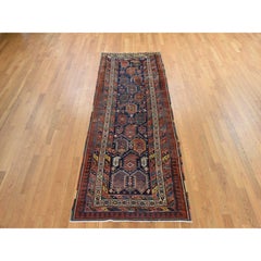 3'10"x10' Navy Blue Antique Persian Kurdish Village Hand Knotted Wool Runner Rug