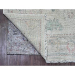 3'10"x10' White Hand Knotted Afghan Angora Oushak Leaf Design Wool Runner Rug
