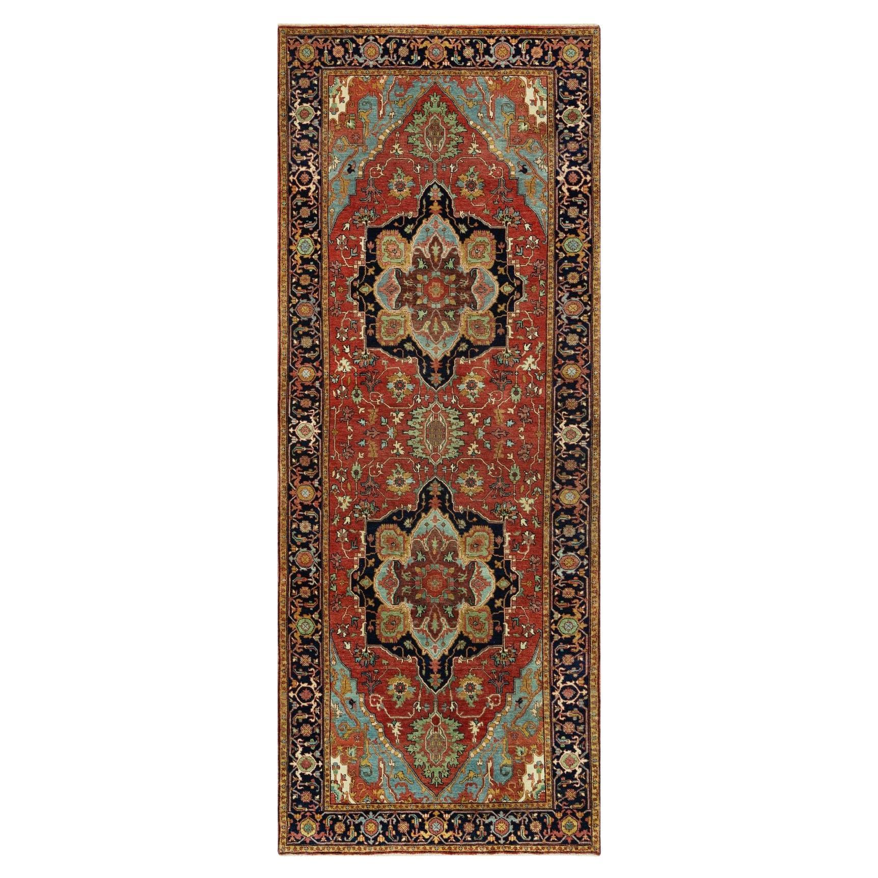 3'10"x10'2" Red Antiqued Wool Hand Knotted Heris Re-Creation Wide Runner Rug