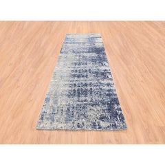 3'10"x10'3" Blue Abstract With Mosaic Design Wool And Silk Hand Knotted Rug