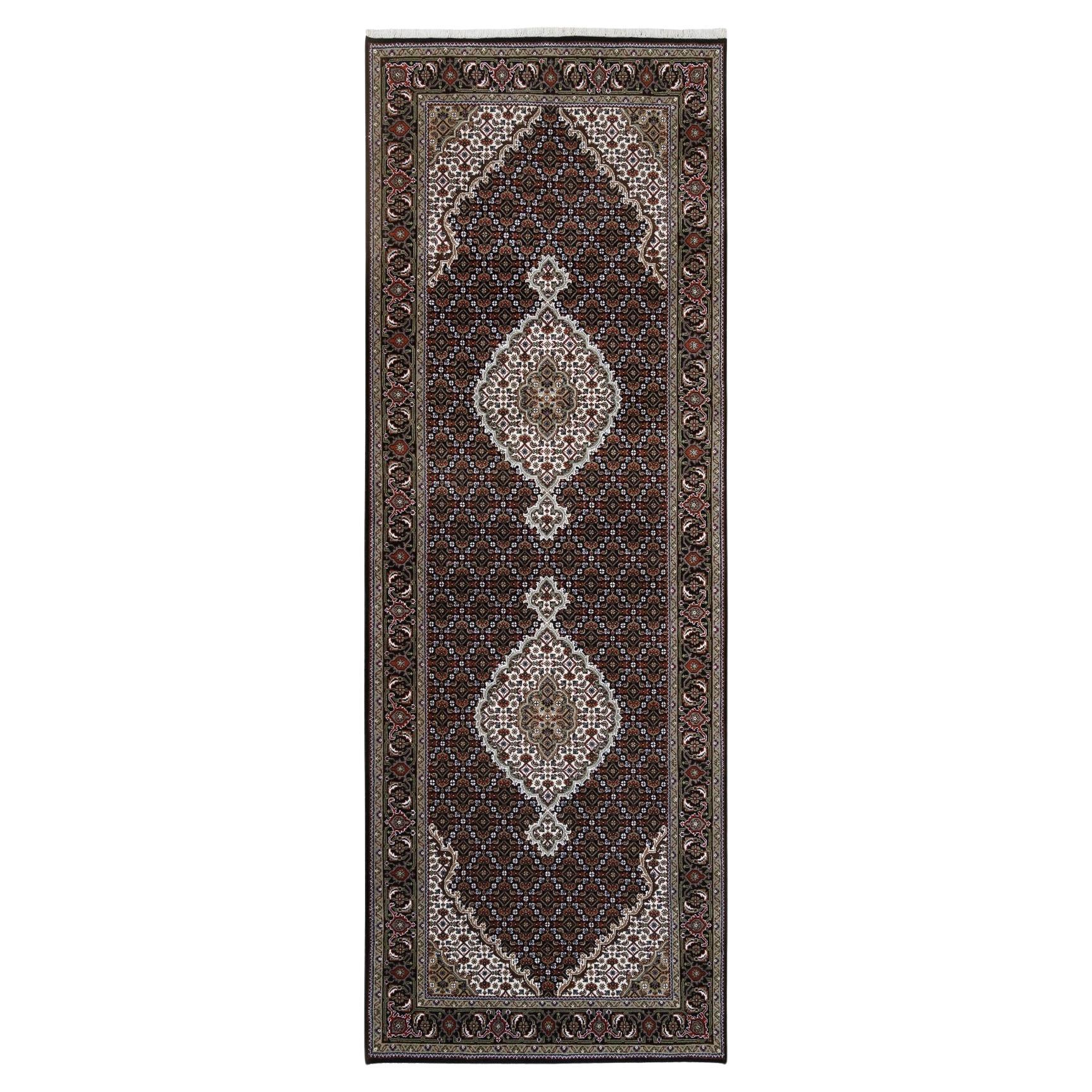 3'10"x10'4" Wool Black Tabriz Mahi with Fish Medallions Design Hand Made Rug For Sale