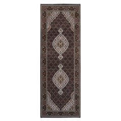 3'10"x10'4" Wool Black Tabriz Mahi with Fish Medallions Design Hand Made Rug